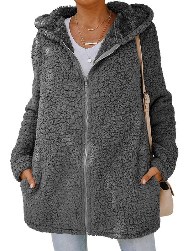 Women Fuzzy Fleece Open Front Hooded Cardigan Jackets Loose Coat