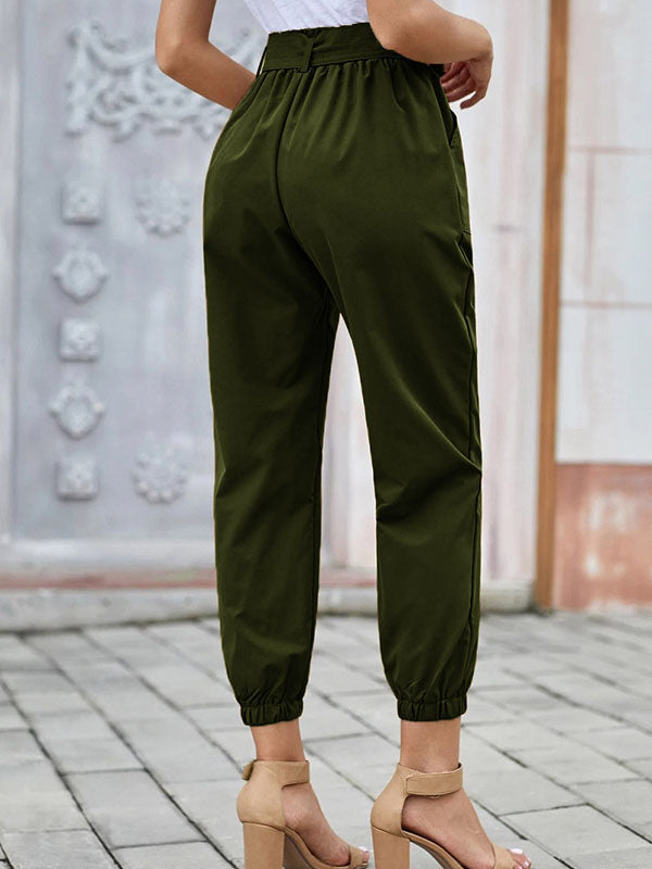 Women Casual Modern High Waisted Joggers Bow Tie Belt Patch Pockets Pants