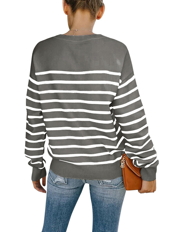 Women Striped Henley Sweaters Long Sleeve Crewneck Loose Fit Knit Pullover Tops