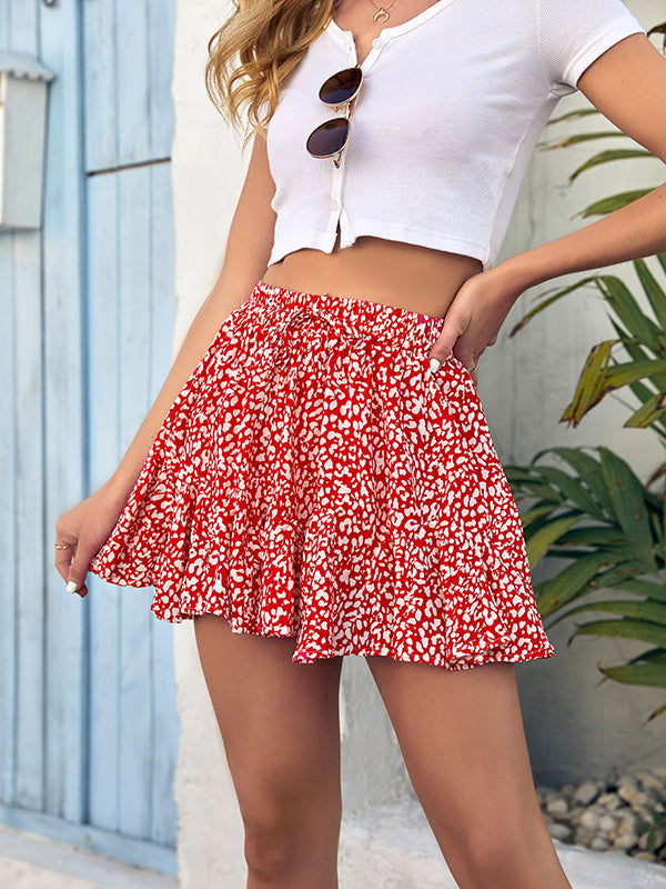 Womens Floral Mini Skirts Summer Flowy Ruffle High Waisted Built In Shorts Drawstring Skirt