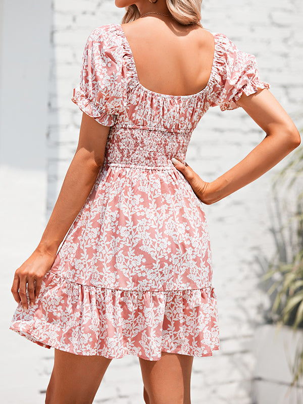 Womens Summer Dress Puff Sleeve Smocked Floral Print Ruffle Swing Mini Dress