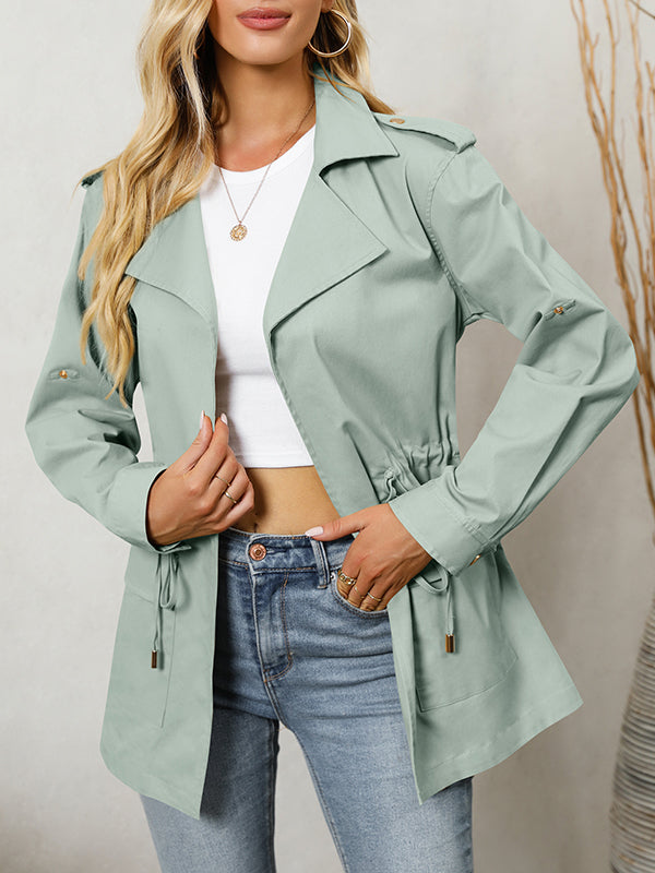 Casual Trench Coat Open Front Long Sleeve Mid Length Drawstring Lapel Jacket