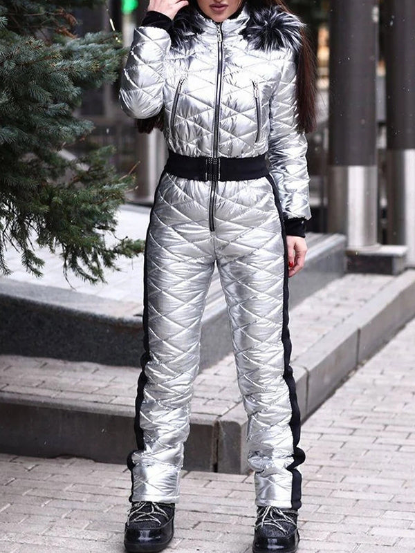 Women Winter Ski Suit Shiny Nylon Overall Windproof Hooded Coat