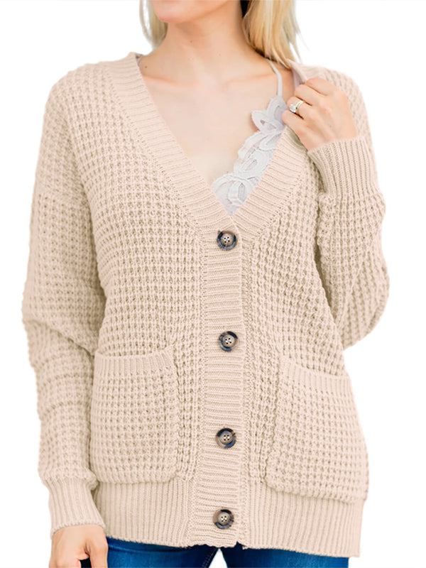 Womens Button Down Cardigans Open Front Long Sleeve Waffle Knit Fall Sweaters Coat With Pockets