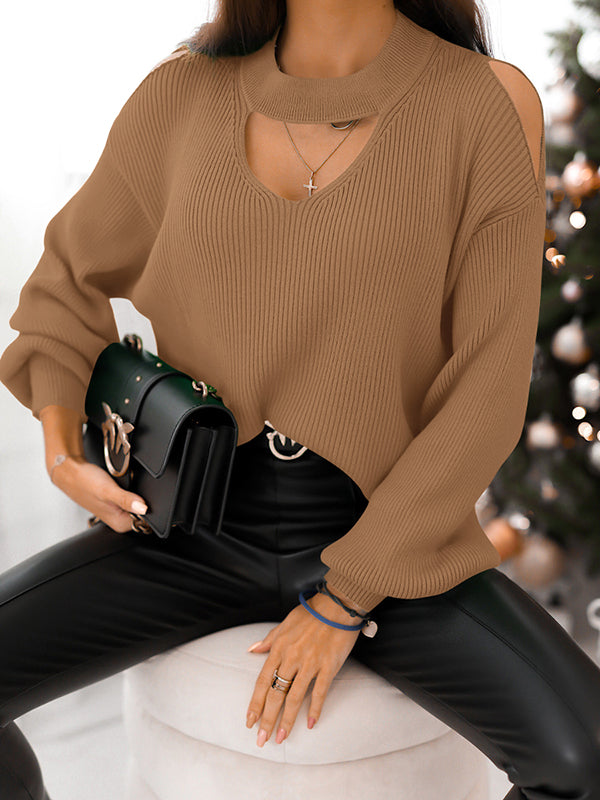 Women Off Shoulder Tops Long Sleeve Sweaters Loose Chest Cutout Pullover