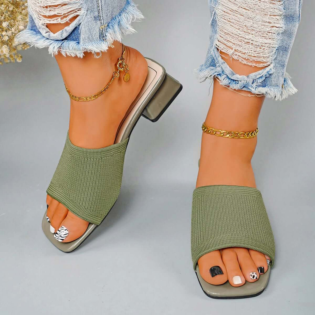 Square Toe Slip on Backless Mules Chunky Heel Sandals