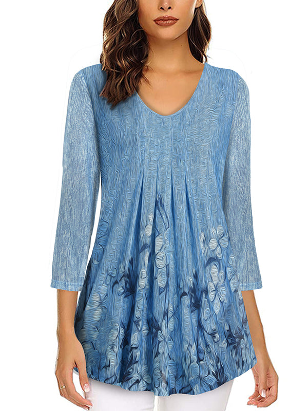 3/4 Sleeve Floral Double Layers Pleated Mesh Tunic Tops