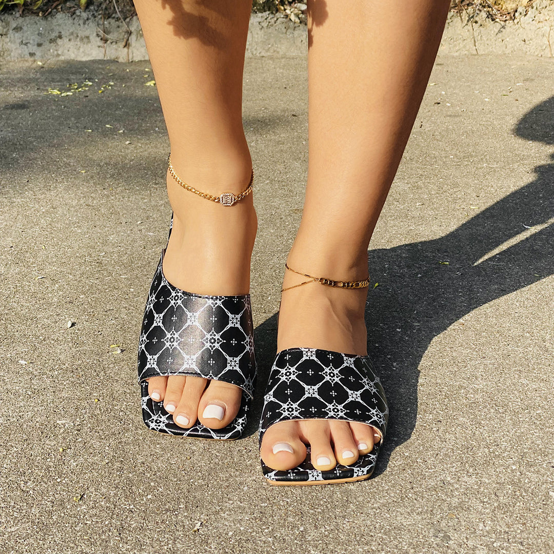 Square Toe Print Flat Slippers Slip on Slide Sandals