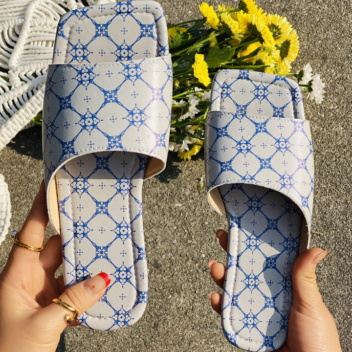Square Toe Print Flat Slippers Slip on Slide Sandals