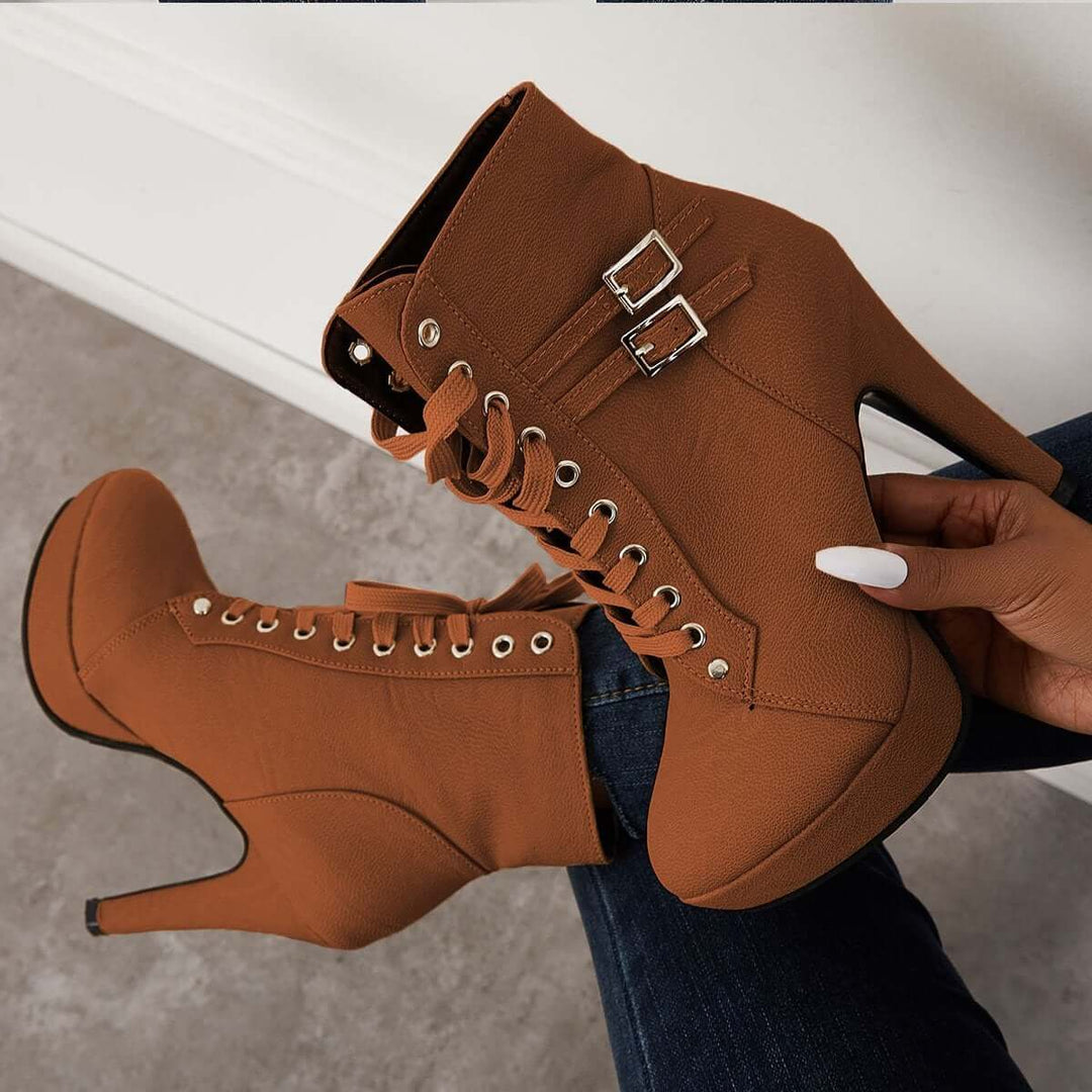 Chunky Platform High Heel Ankle Boots Lace Up Booties