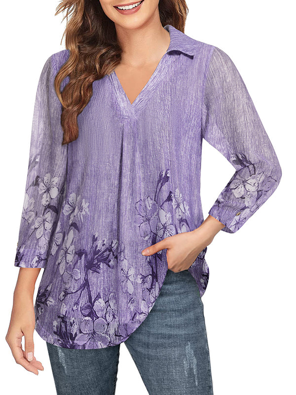 Light Collared V Neck 3/4 Sleeve Floral Tunic Shirts