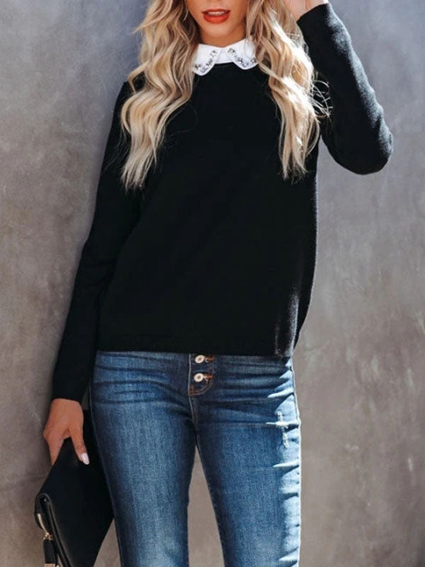 Womens Puff Half Long Sleeve Contrast Collar Casual Sweater Solid Cute Pullover Tops