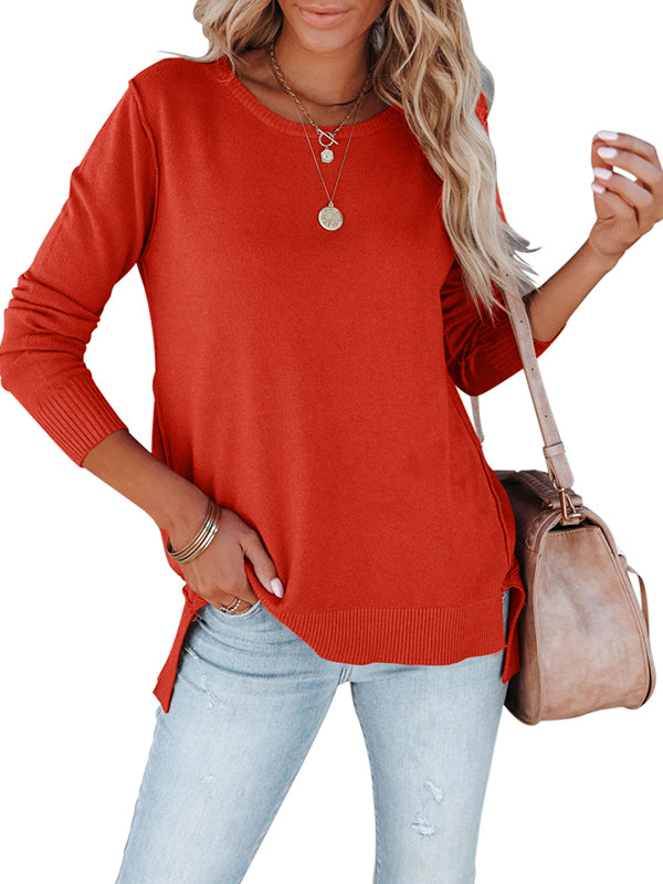 Womens Crew Neck Tunic Pullover Solid Color Loose Casual Side Split Knit Sweaters