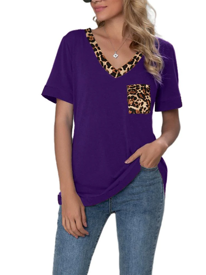 Women's Summer Leopard T-shirt V Neck Short Sleeve Casual T-shirt
