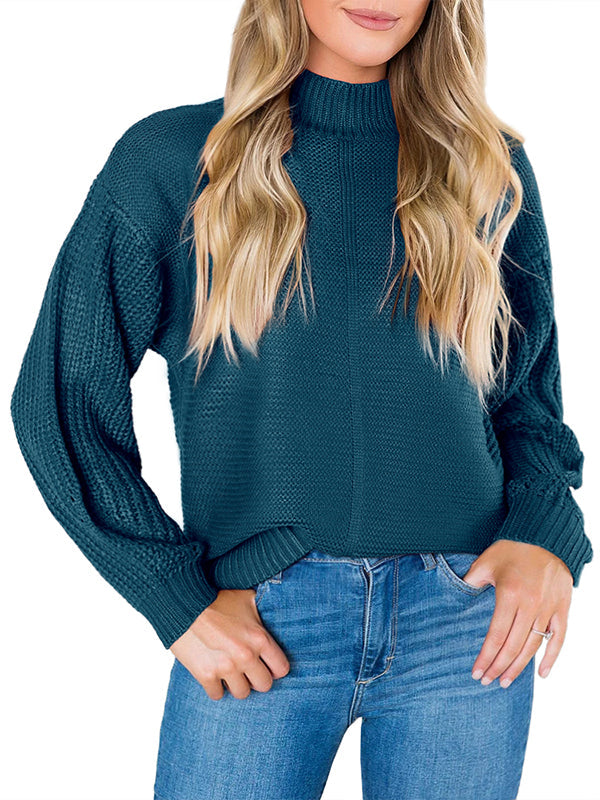 Womens Mock Neck Fall Sweaters Trendy Balloon Sleeve Slouchy Knit Pullover Jumper