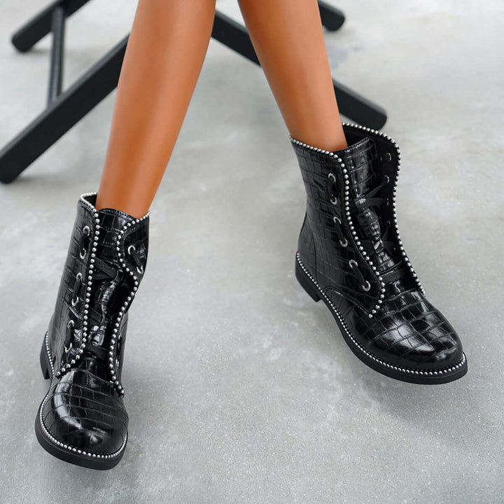 Black Lace Up Ankle Booties Block Low Heel Combat Boots