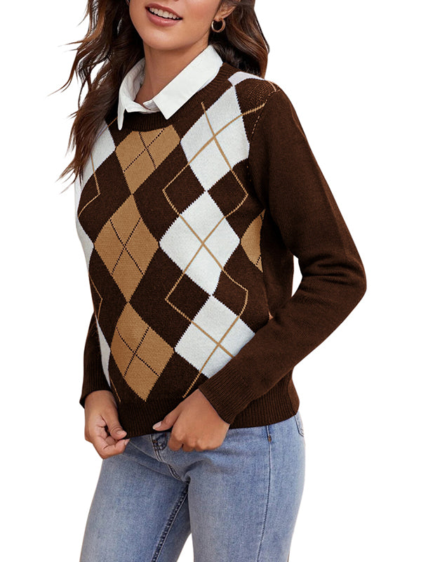 Women Argyle Plaid Sweater Pullover Long Sleeve Autumn Sweater Top
