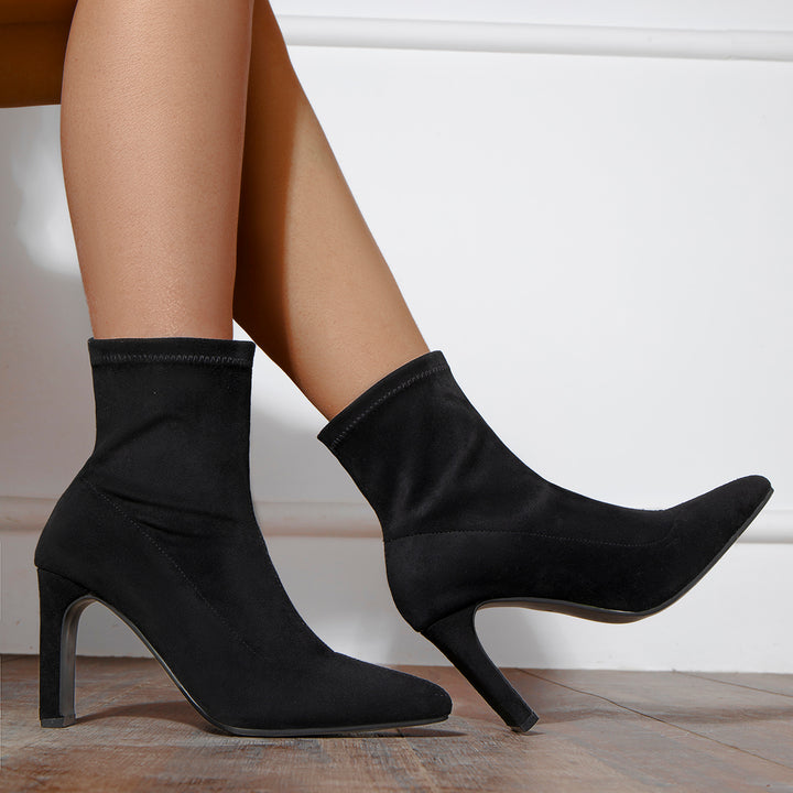 Stretch Chunky Heel Sock Booties Ponited Toe Ankle Boots