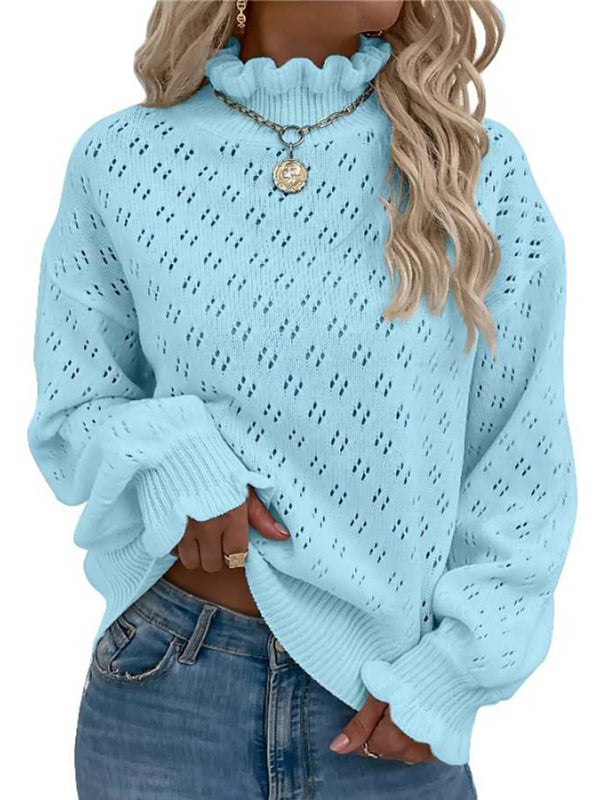Women Turtleneck Long Sleeve Knit Basic Cutout Sweater Loose Pullover Tops
