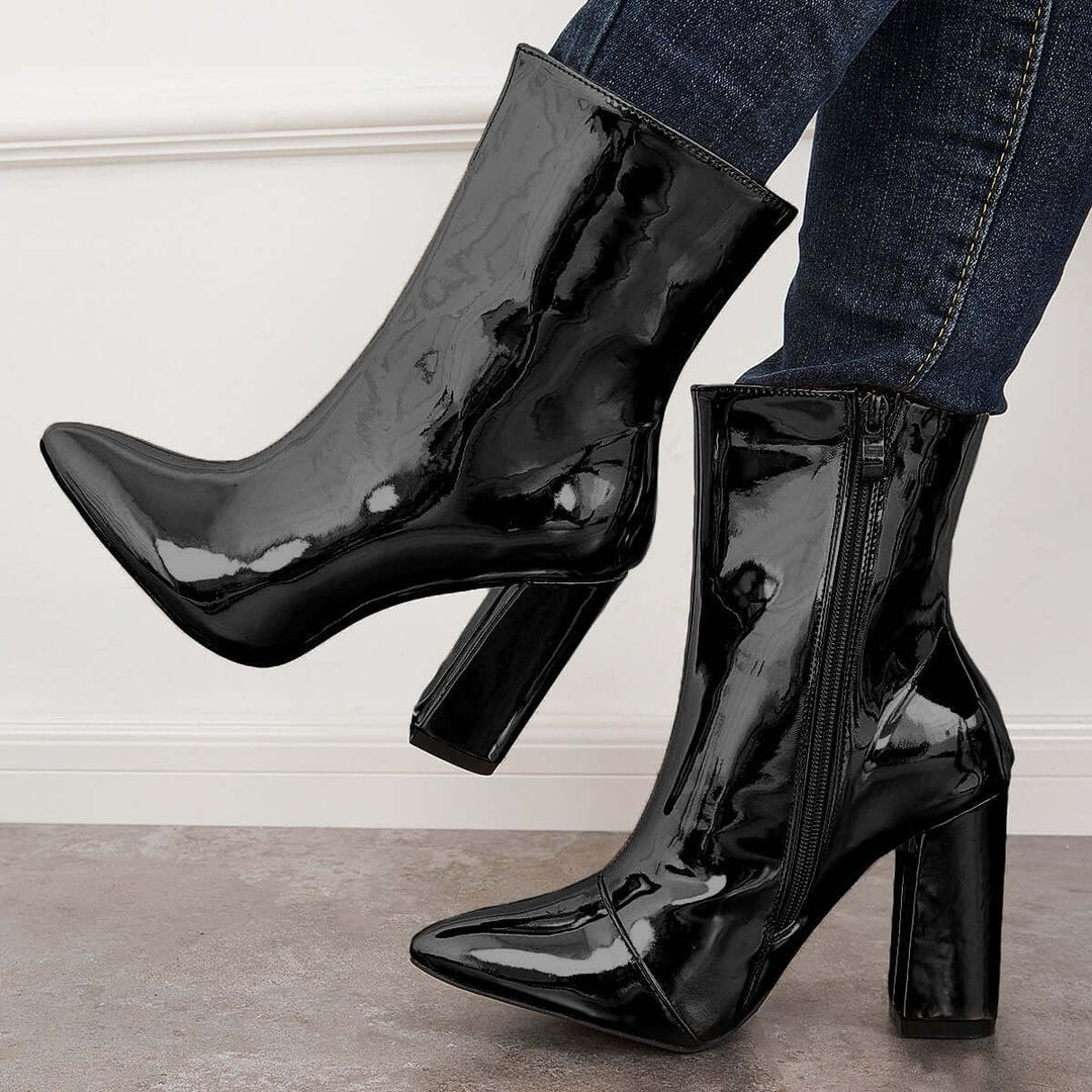 Patent Leather Pointed Toe Ankle Boots Chunky High Heel Booties