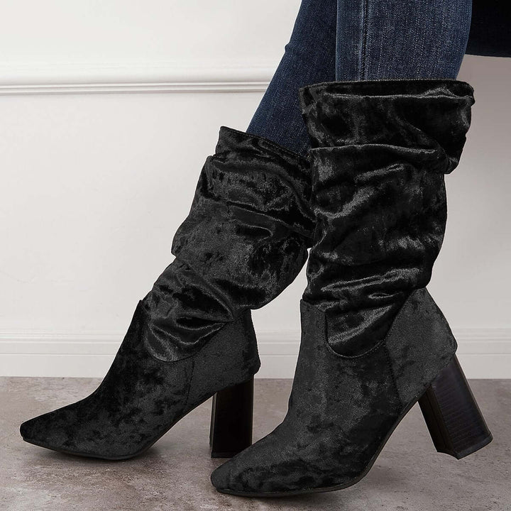 Slouch Mid Calf Boots Wide Calf Chunky Block Heel Boots