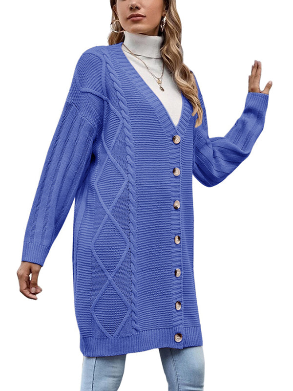 Womens Long Sleeve Cable Knit Long Cardigan Open Front Button Sweater Outerwear