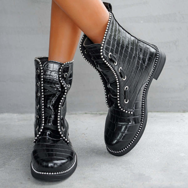 Black Lace Up Ankle Booties Block Low Heel Combat Boots