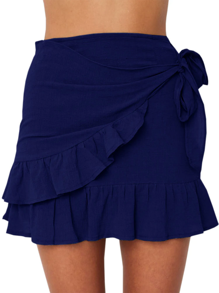 Womens Mini Skirt Ruffle Hem Mid Waist Knot Short Skirts