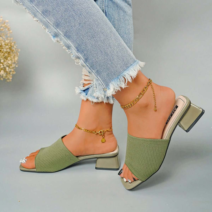 Square Toe Slip on Backless Mules Chunky Heel Sandals