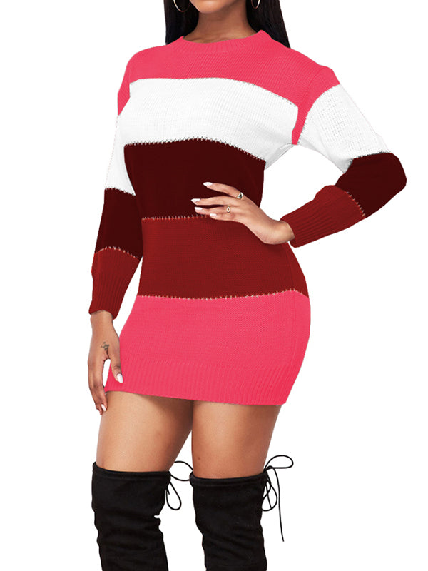Long Sleeve Color Block Pullover Sweater Dress Slim Fit Warm Fall Winter Dress
