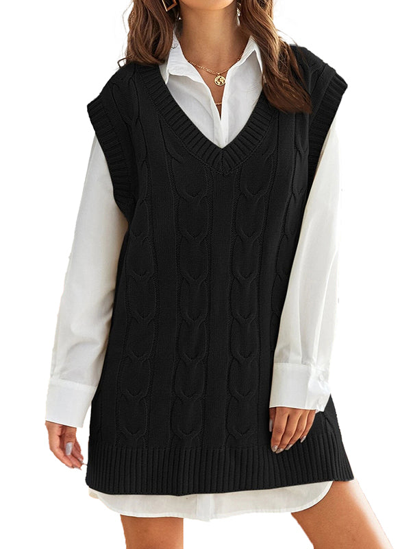 Women Oversized V Neck Cable Knit Sweater Vest Tunic Sleeveless Pullover Top