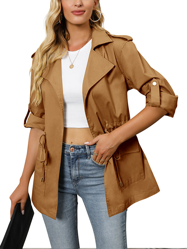 Casual Trench Coat Open Front Long Sleeve Mid Length Drawstring Lapel Jacket