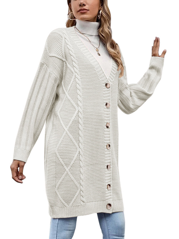 Womens Long Sleeve Cable Knit Long Cardigan Open Front Button Sweater Outerwear