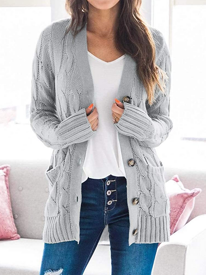 Womens Cable Knit Coat Button Down Cardigan Sweaters Open Front Long Sleeve Knitwear Coat with Pockets