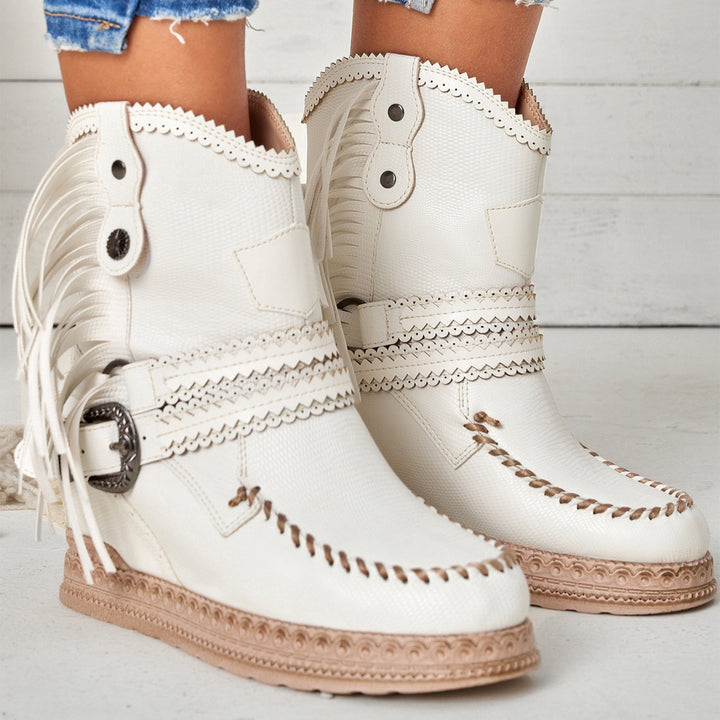 Tassel Cowboy Ankle Boots Stone Washed Wedge Heel Booties