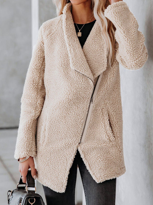 Women Coat Casual Lapel Fleece Fuzzy Zipper Coats Warm Outwear Jackets
