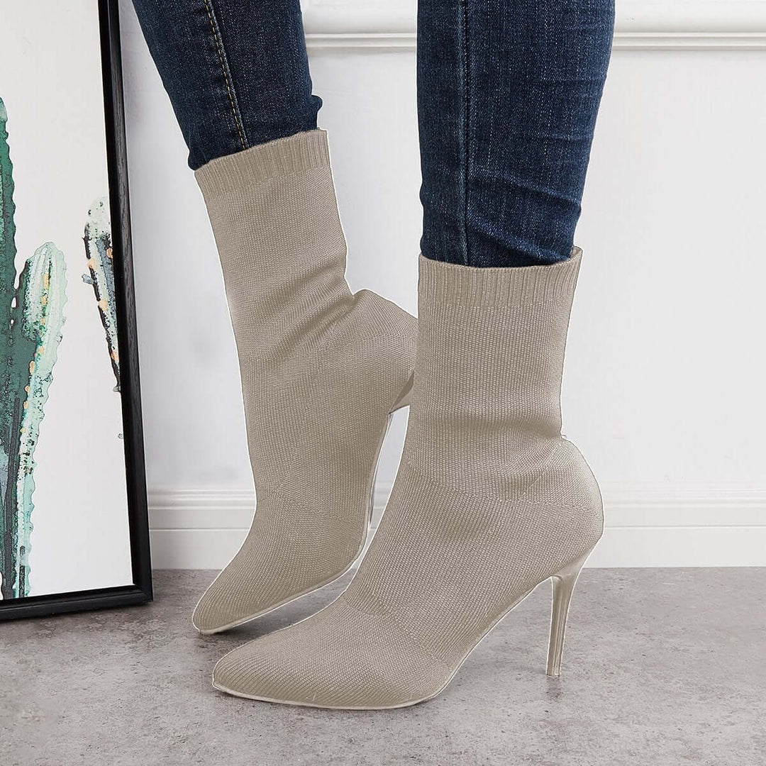 Stretch Knit Sock Boots Pointed Toe Stiletto High Heel Boots