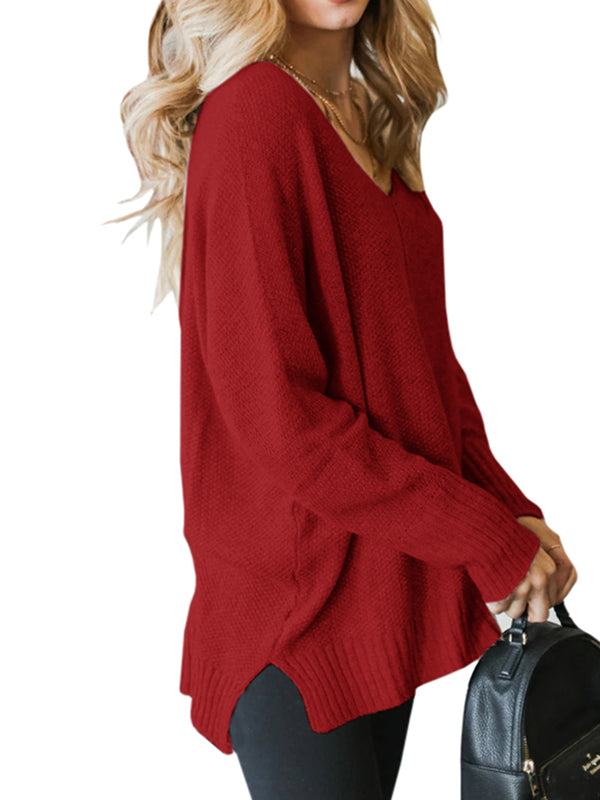 Women Long Sleeve V Neck Pullover Knitted Loose Sweaters