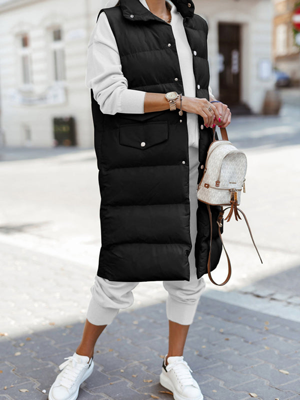 Women Long Quilted Maxi Length Sleeveless Puffer Vest Padded Coat Winter Outerwear