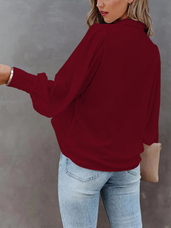 Women Long Sleeve Casual Work Blouses Button Down Shirts V Neck Loose Office Tops
