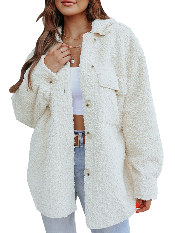 Women Casual Sherpa Fleece Jacket Long Sleeve Button Solid Fuzzy Fleece Outwear Coat