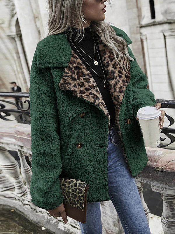 Women Long Sleeve Lapel Fuzzy Fleece Jacket Leopard Cardigan Coat