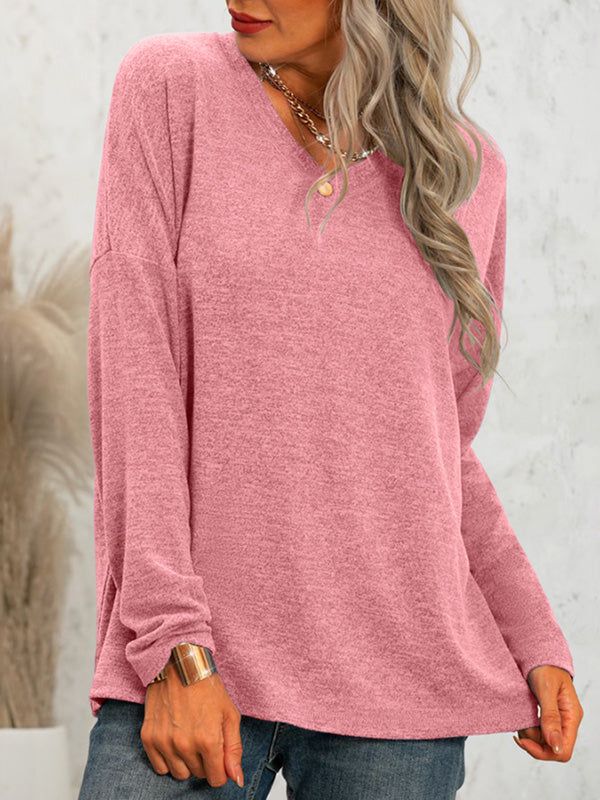 Women Casual Loose Long Sleeve Shirts V Neck Solid Tops Pullover Sweatshirts