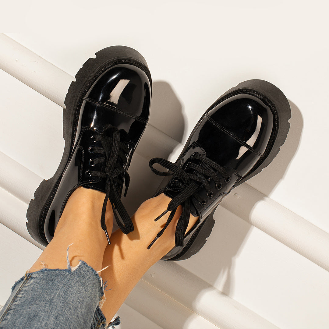 Black Platform Chunky Heel Loafers Lace Up Lug Sole Shoes