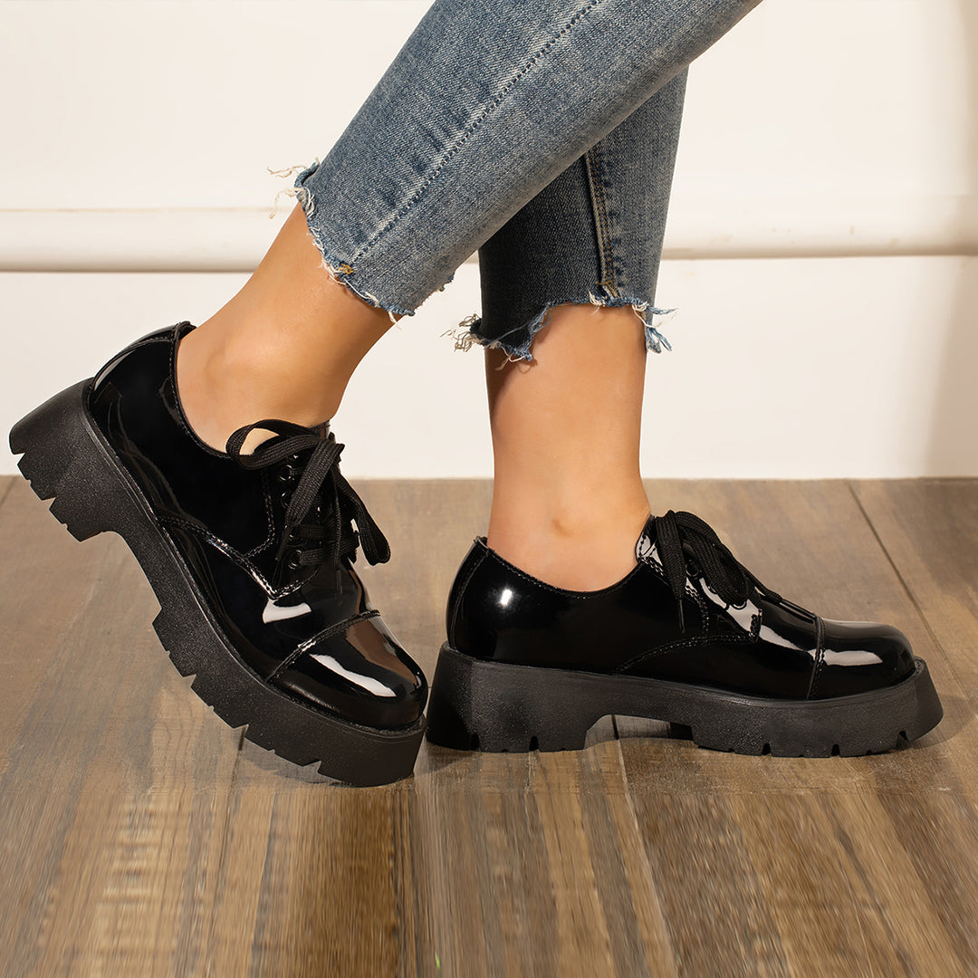 Black Platform Chunky Heel Loafers Lace Up Lug Sole Shoes