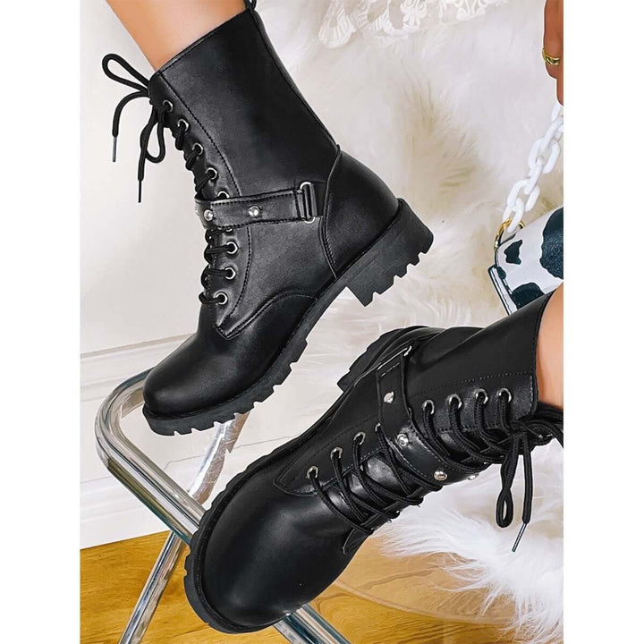 Classic Block Heel Military Combat Boots Lace Up Ankle Boots