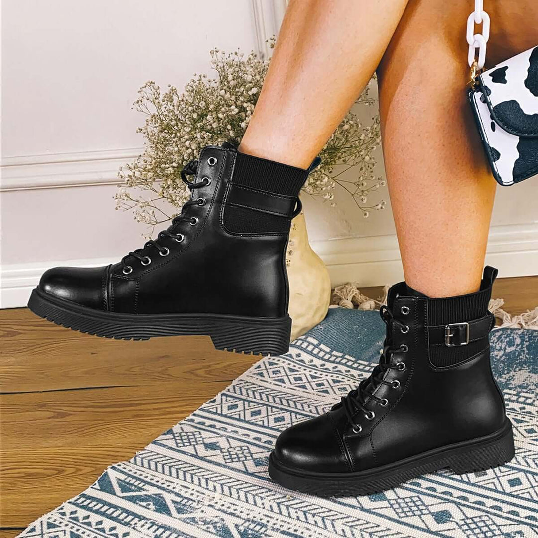 Black Blow Low Heel Military Booties Lace Up Combat Ankle Boots