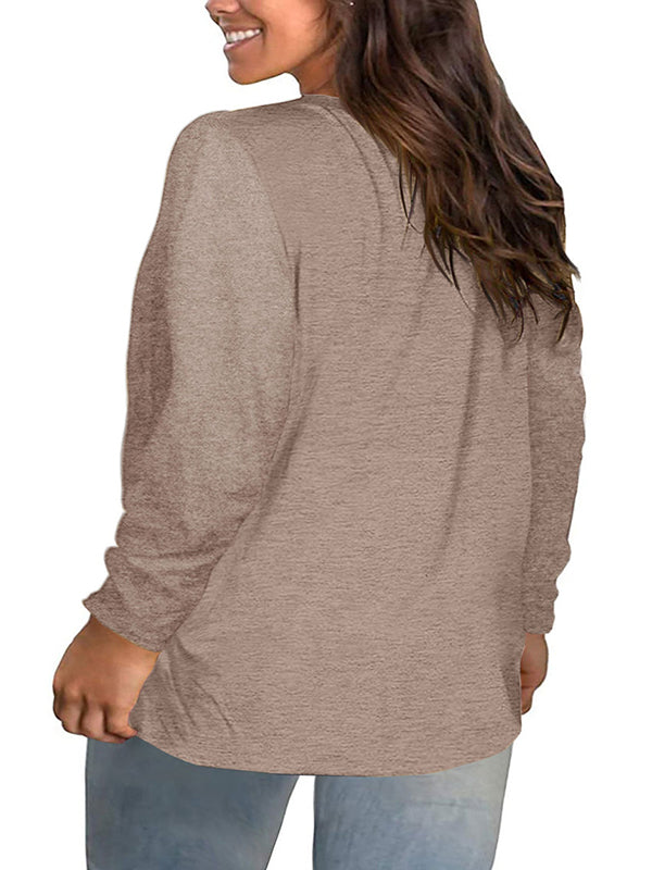 Women V Neck Long Sleeve T-Shirts Casual Button Tops Loose Comfy Warm Blouse