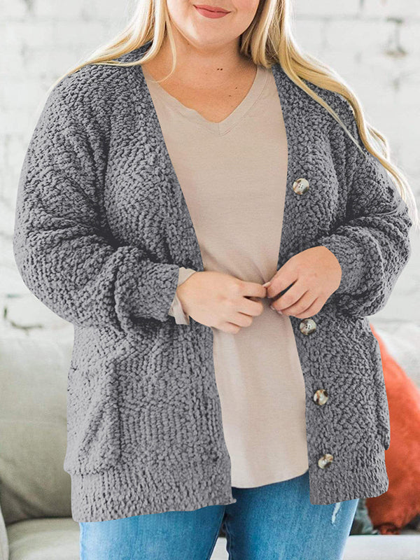 Oversize Fuzzy Knit Cardigans Cozy Popcorn Button Open Front Long Sleeve Tops