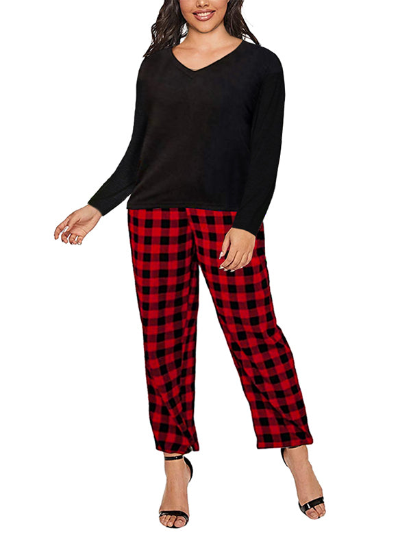 Women Plus Size Pajamas Set Plaid Lounge Pants V-Neck Short Sleeve Cotton T Shirt 2 Piece Sleepwear